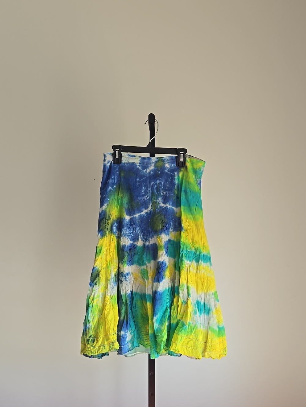 Y2K Tie-Dye Blue, Green & Yellow Flared Cotton Skirt Size:XS